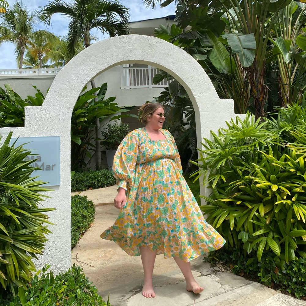 Bohemian Traders Floral Long Sleeve Dress - Green and Yellow